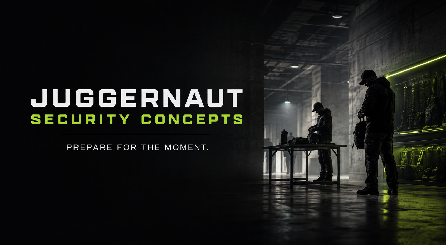 Two professional trainees preparing equipment in a controlled indoor training facility, with the words Juggernaut Security Concepts — Prepare for the Moment.