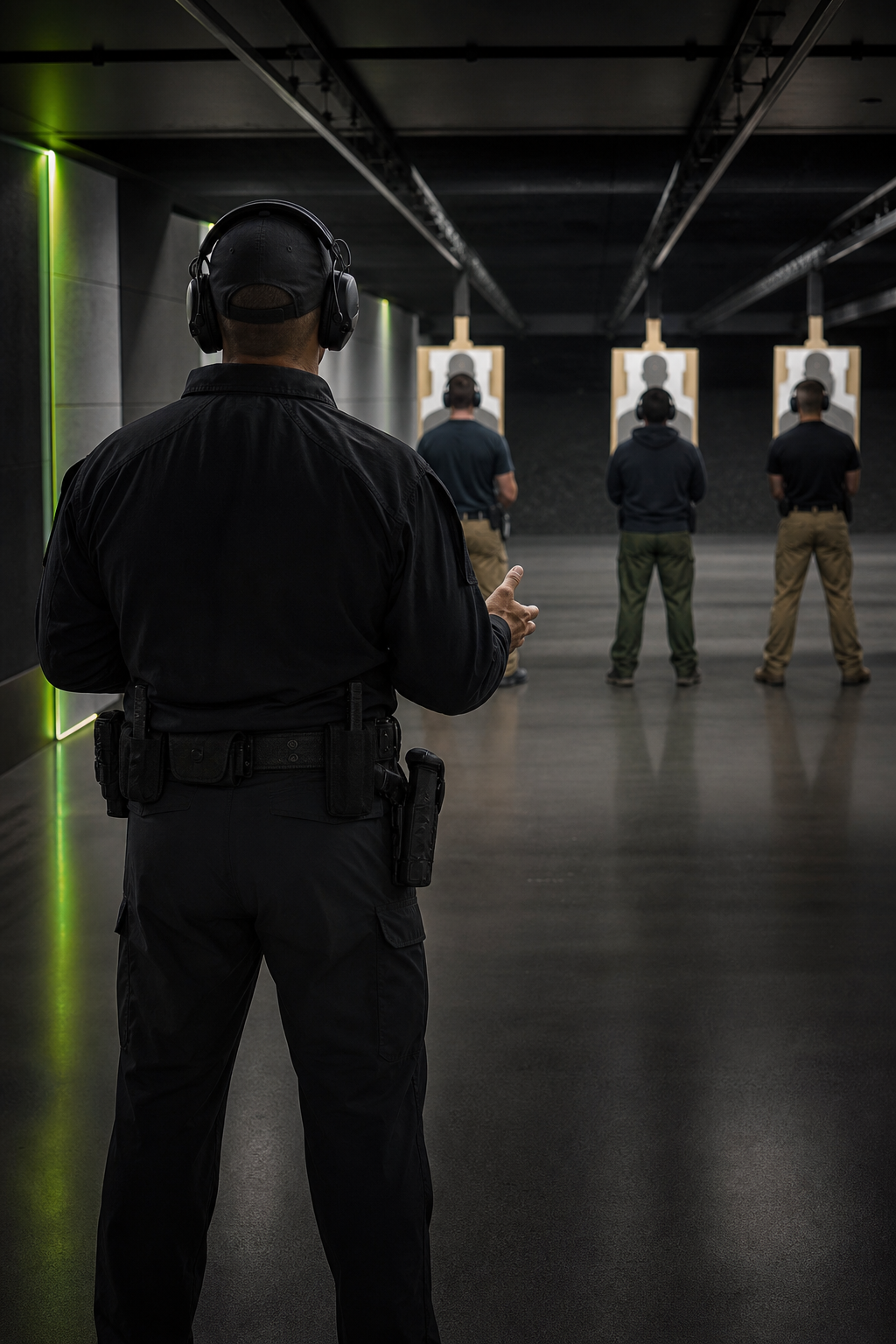 Anonymous law-enforcement instructor seen from behind leading a controlled indoor range session